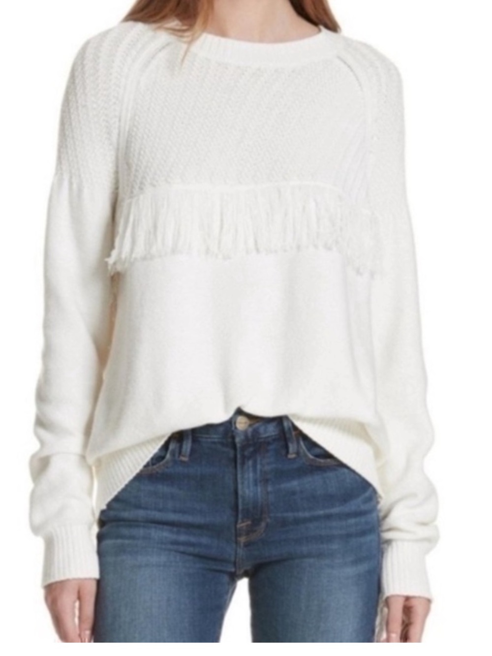Frame Fringe Crewneck Sweater Wool Blend Cream western